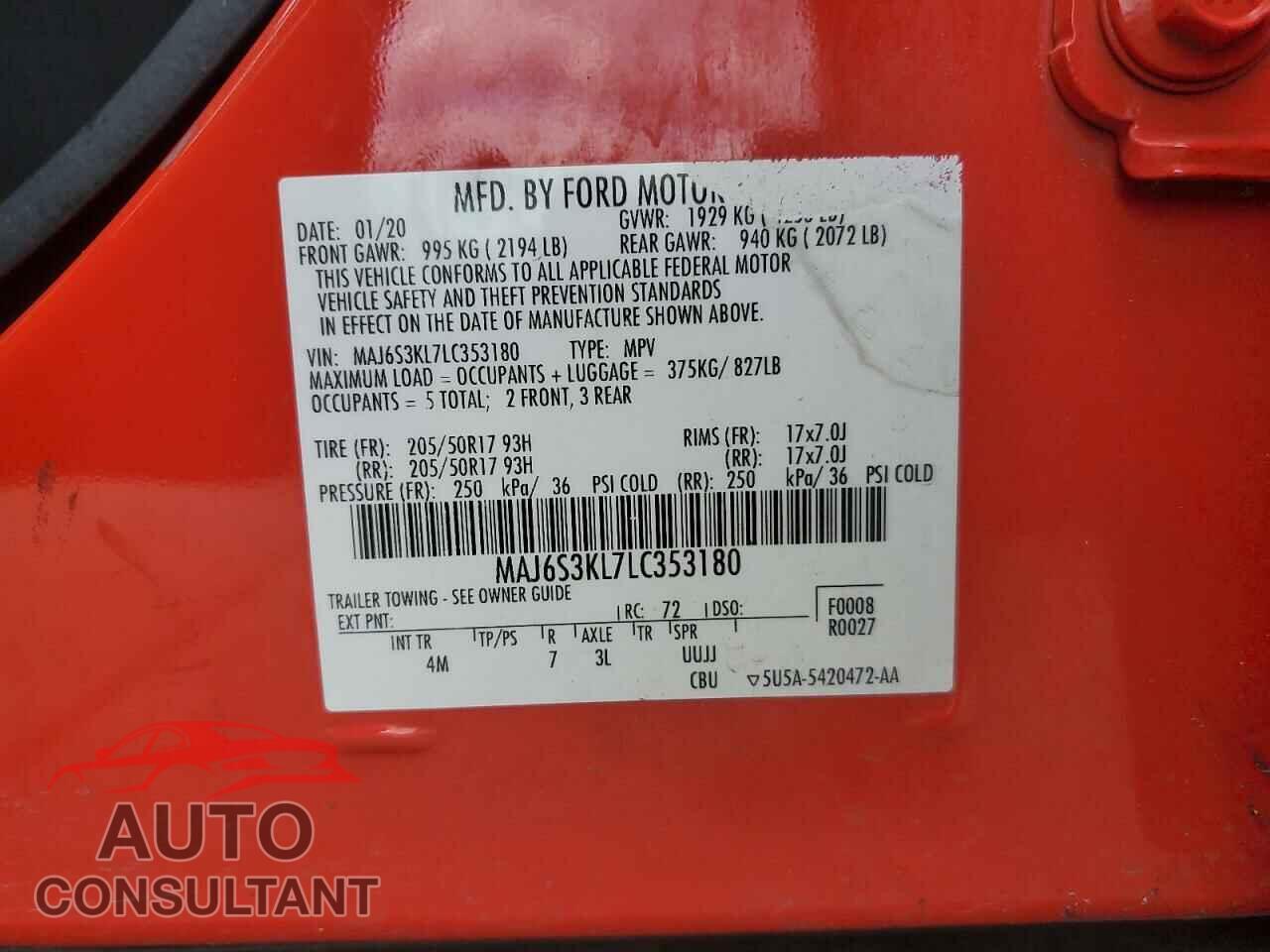 FORD ECOSPORT 2020 - MAJ6S3KL7LC353180