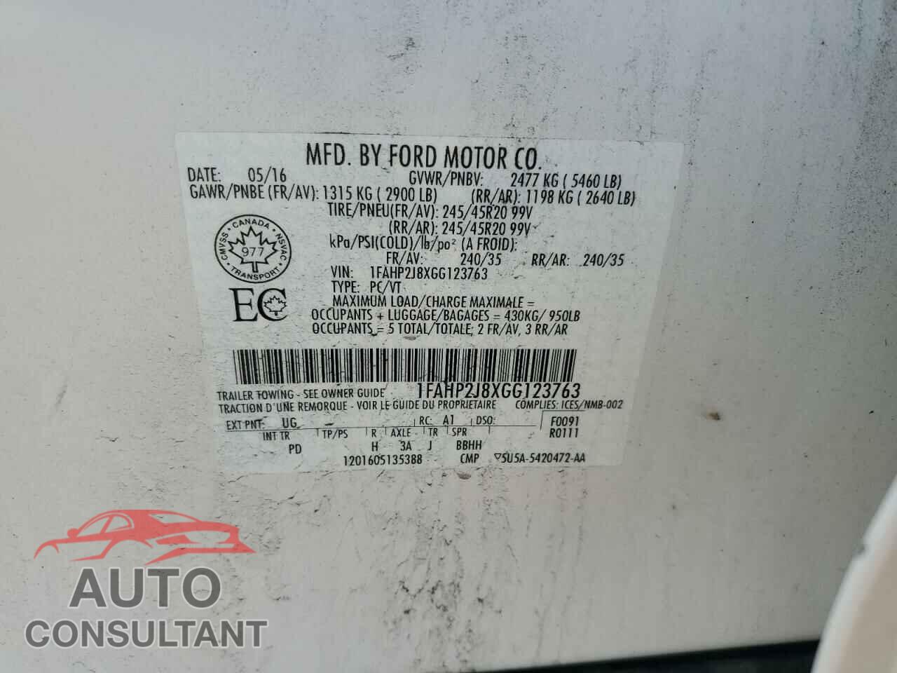 FORD TAURUS 2016 - 1FAHP2J8XGG123763