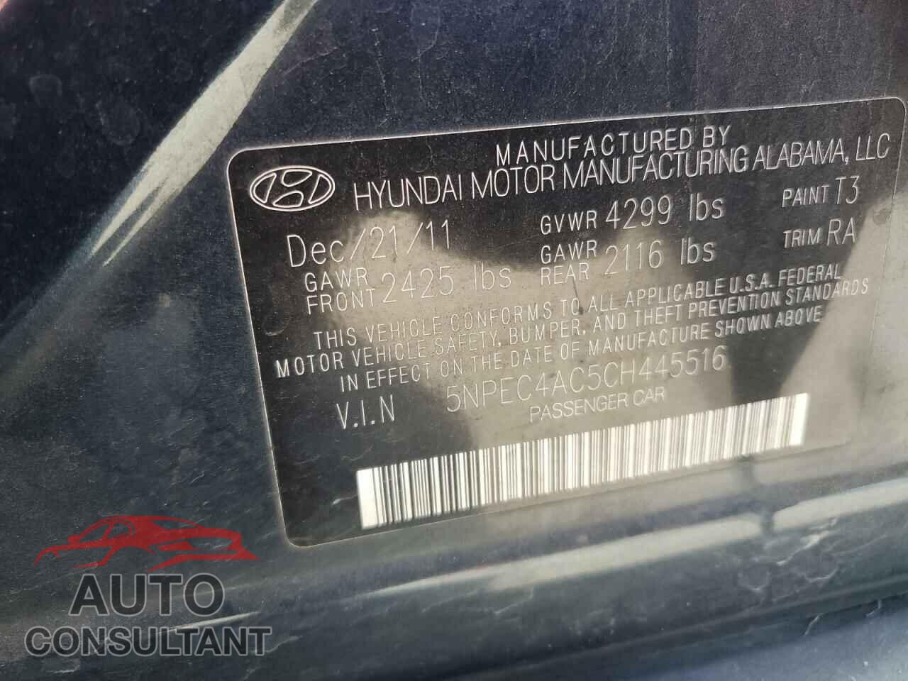 HYUNDAI SONATA 2012 - 5NPEC4AC5CH445516