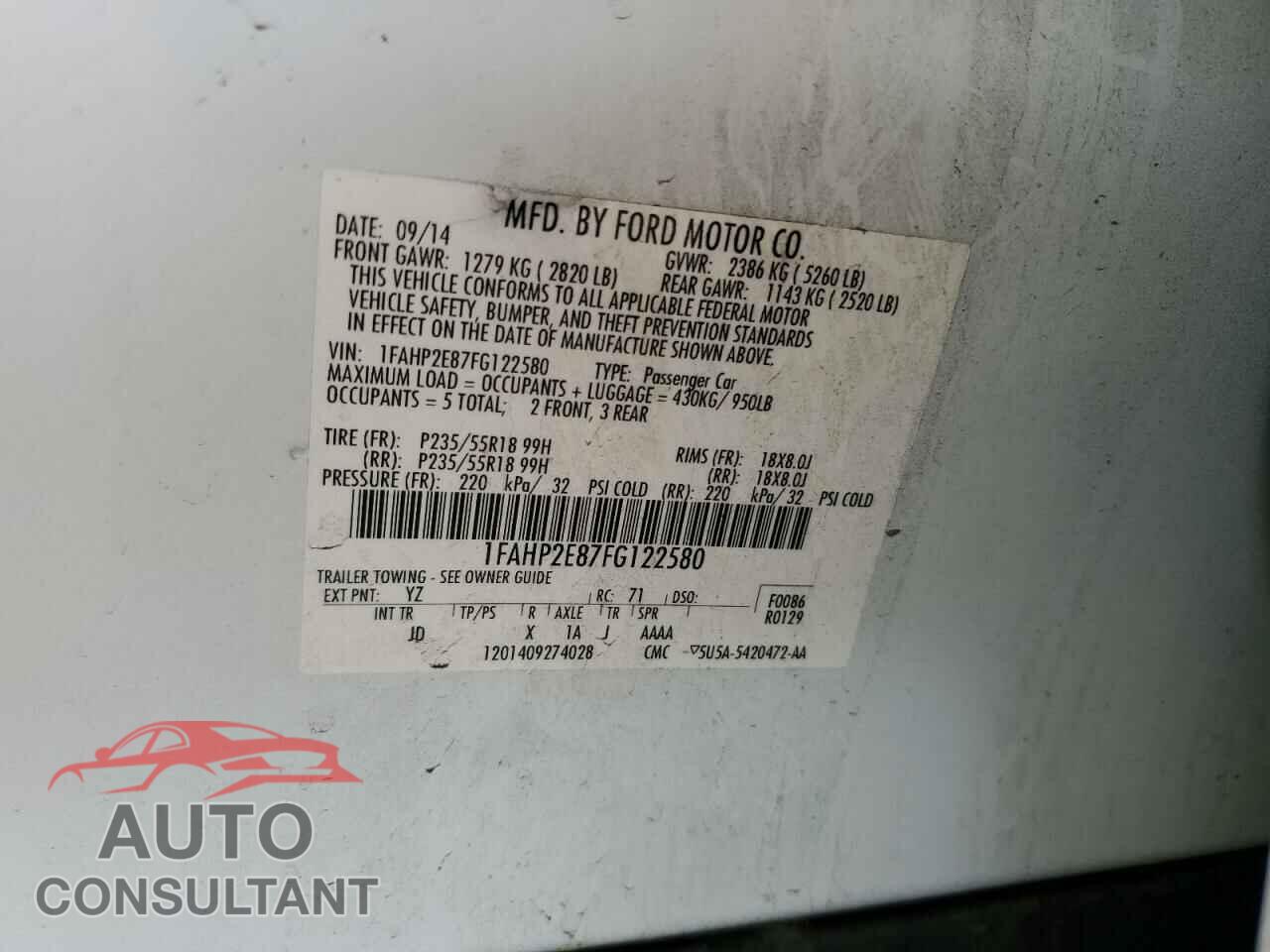 FORD TAURUS 2015 - 1FAHP2E87FG122580