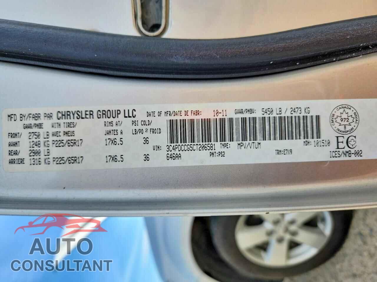 DODGE JOURNEY 2012 - 3C4PDCCG5CT206581