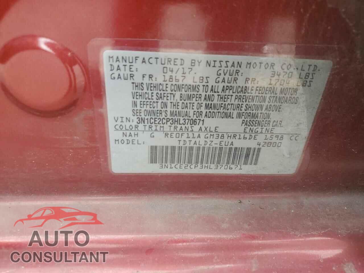 NISSAN VERSA 2017 - 3N1CE2CP3HL370671