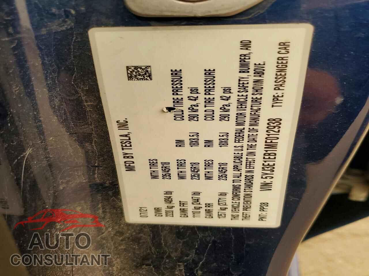 TESLA MODEL 3 2021 - 5YJ3E1EB1MF012938