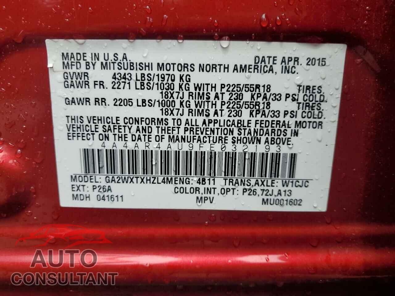 MITSUBISHI OUTLANDER 2015 - 4A4AR4AU9FE032193