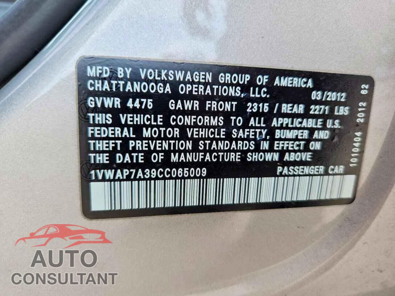 VOLKSWAGEN PASSAT 2012 - 1VWAP7A39CC065009