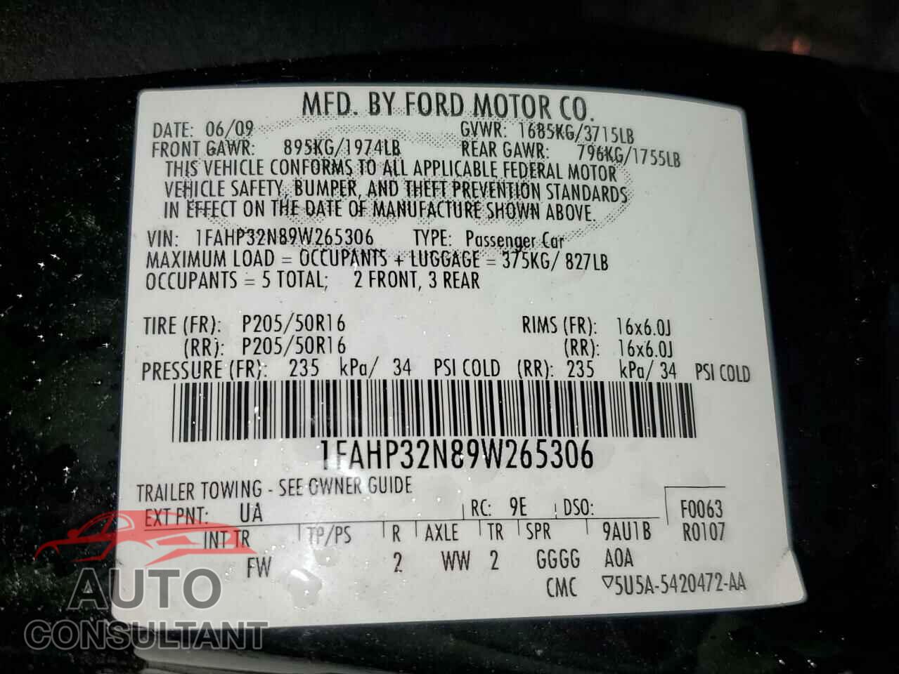 FORD FOCUS 2009 - 1FAHP32N89W265306