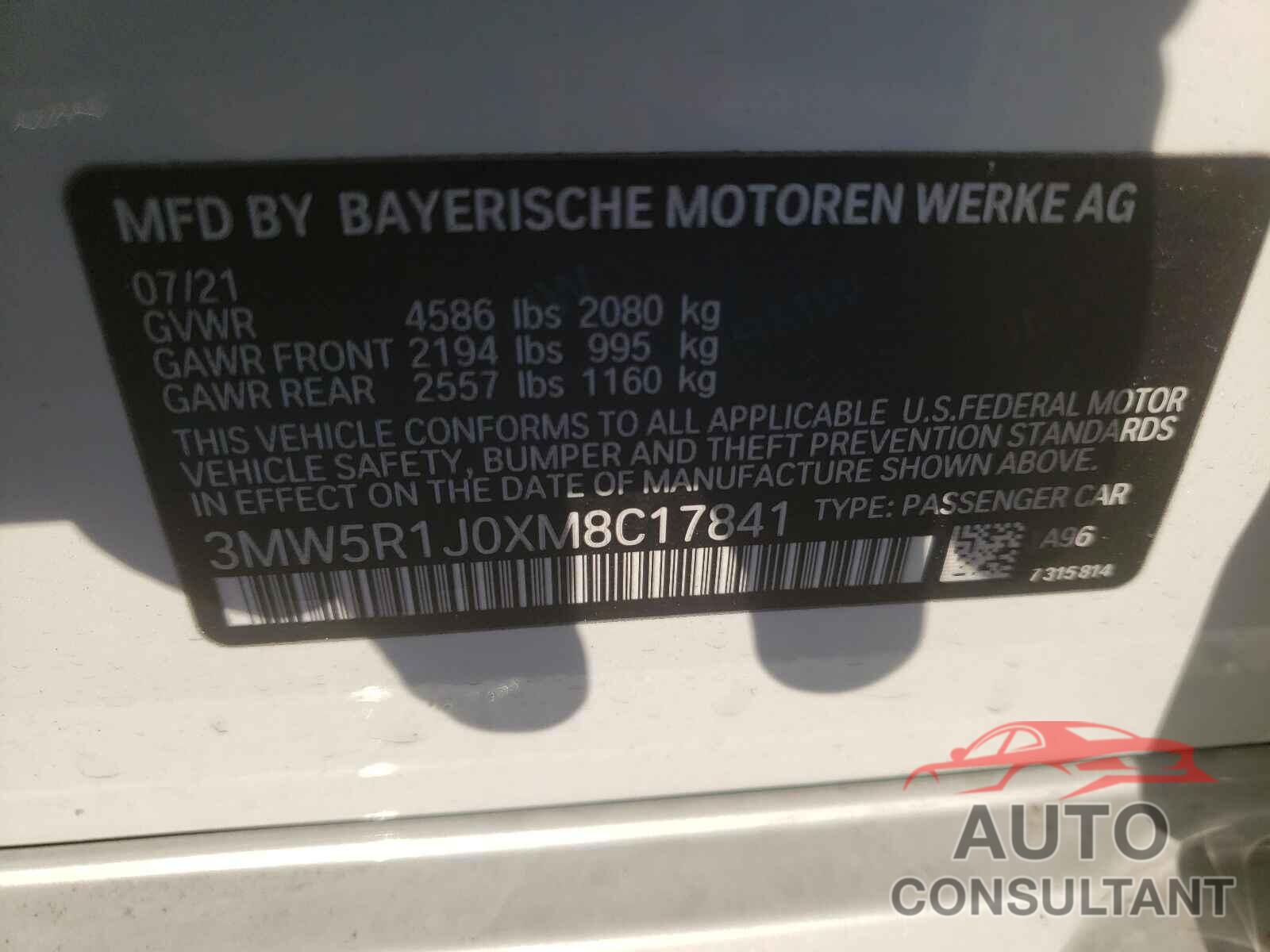 BMW 3 SERIES 2021 - 3MW5R1J0XM8C17841