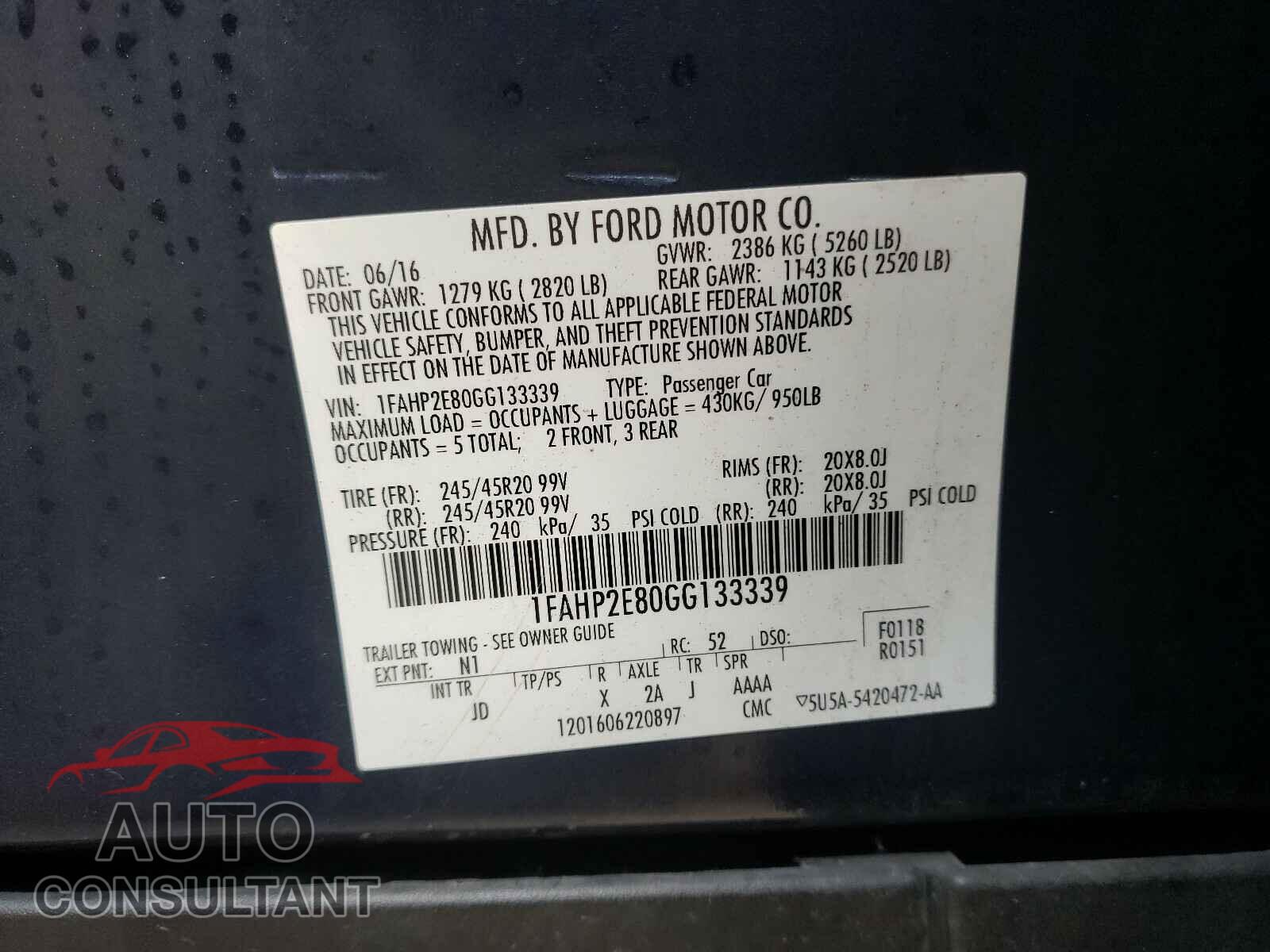 FORD TAURUS 2016 - 1FAHP2E80GG133339