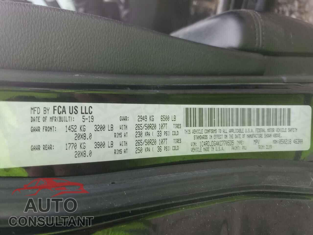 DODGE DURANGO 2019 - 1C4RDJDG4KC770535