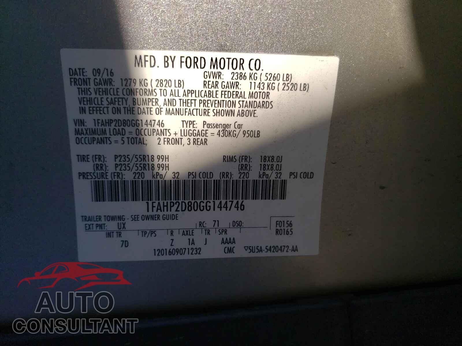 FORD TAURUS 2016 - 1FAHP2D80GG144746