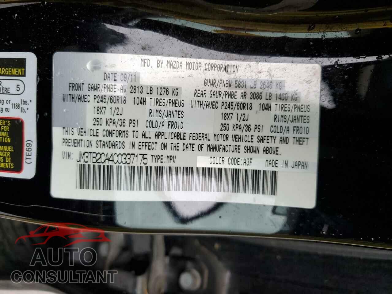 MAZDA CX-9 2012 - JM3TB2CA4C0337175