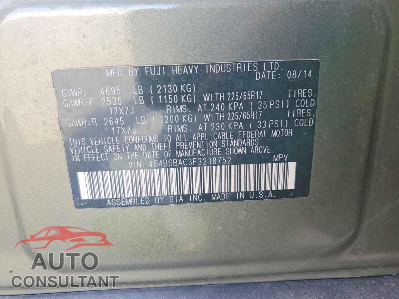 SUBARU OUTBACK 2015 - 4S4BSBAC3F3218752