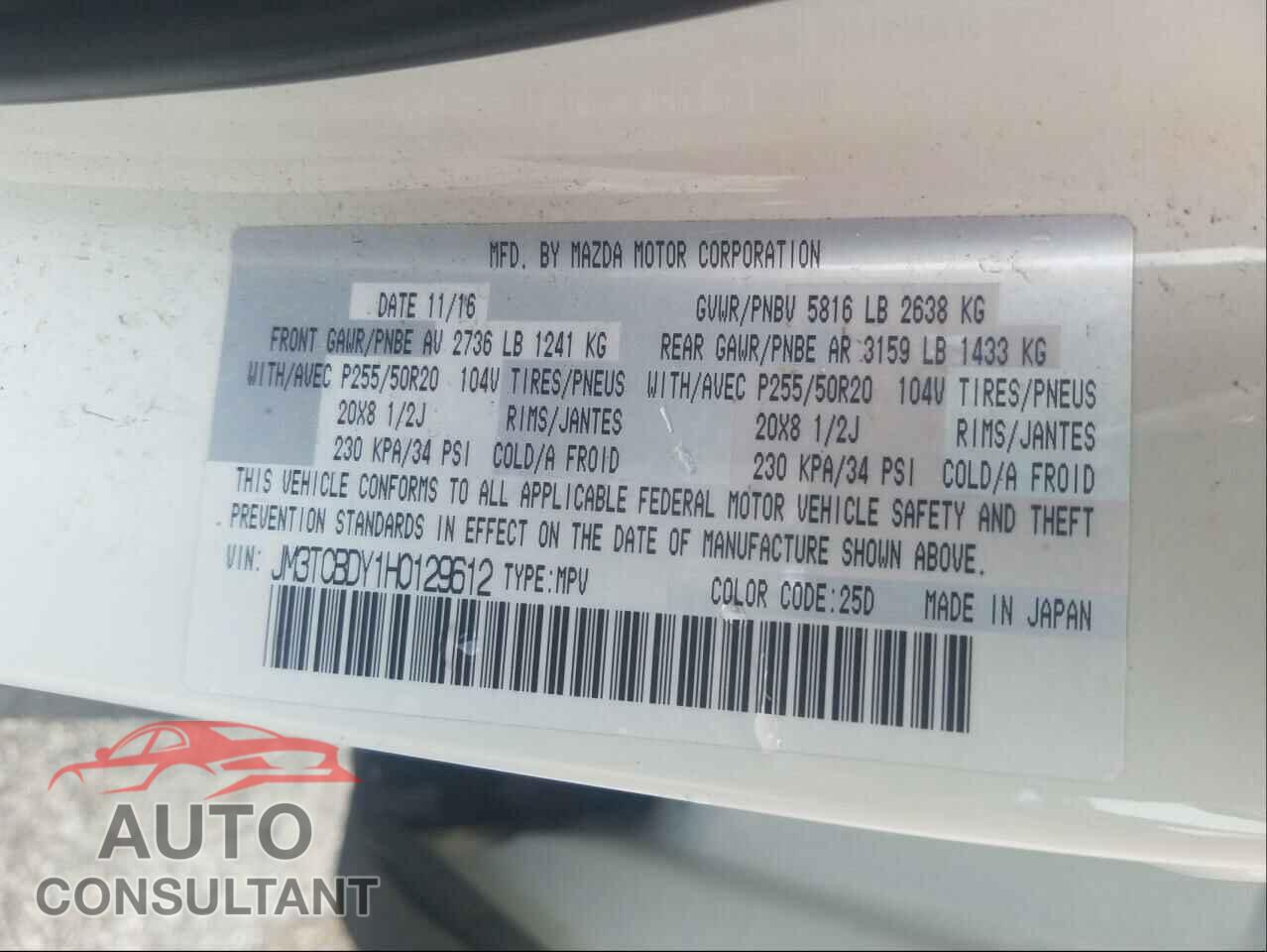 MAZDA CX-9 2017 - JM3TCBDY1H0129612