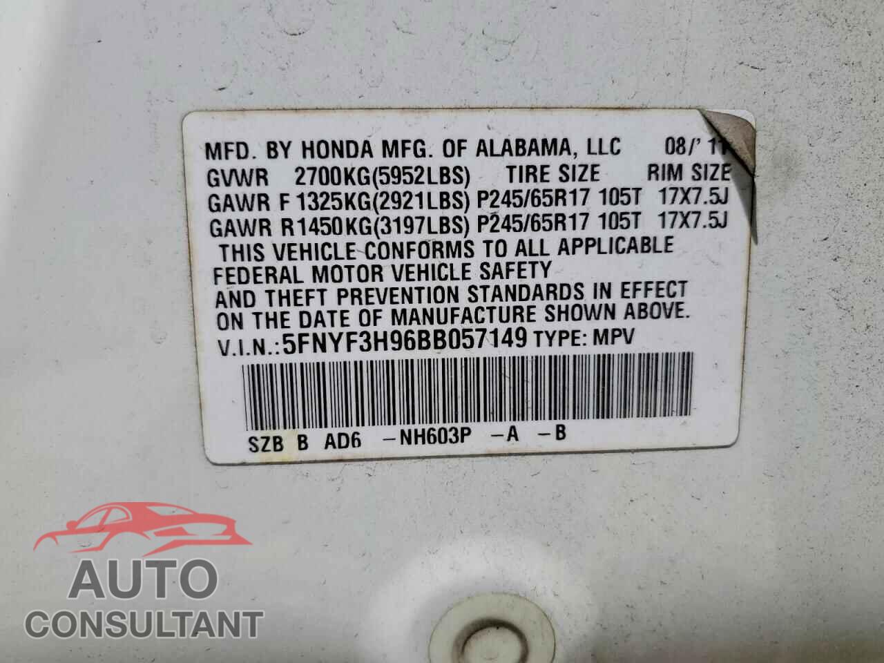HONDA PILOT 2011 - 5FNYF3H96BB057149