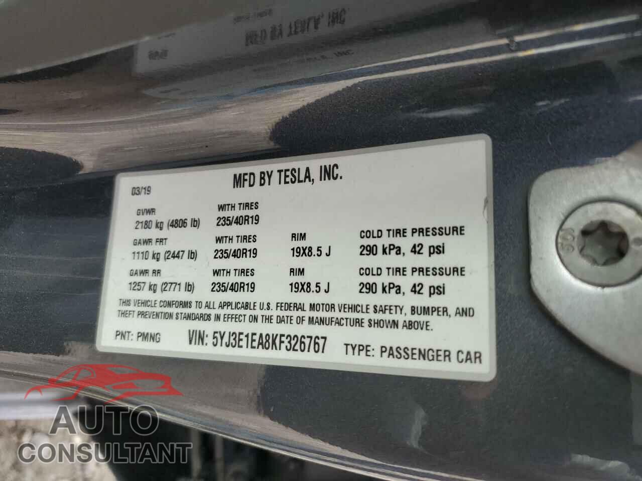 TESLA MODEL 3 2019 - 5YJ3E1EA8KF326767