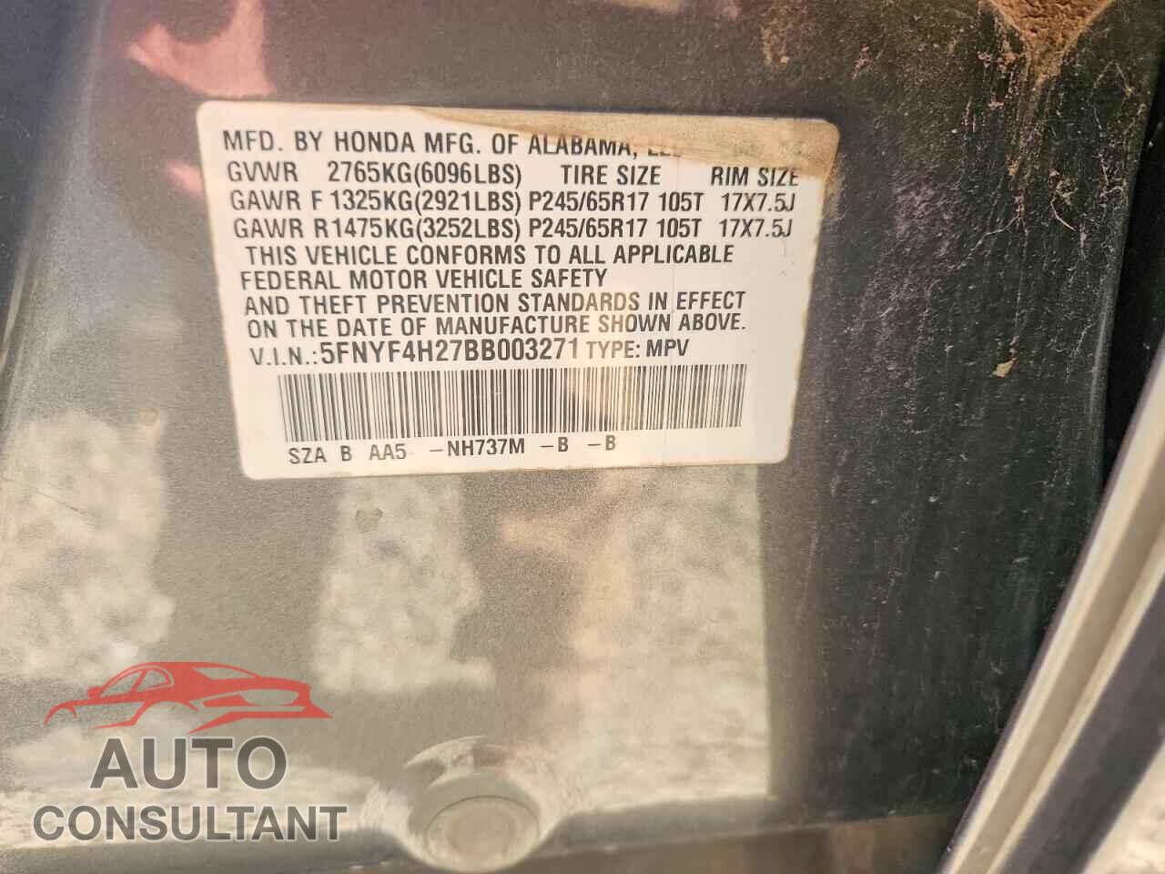 HONDA PILOT 2011 - 5FNYF4H27BB003271