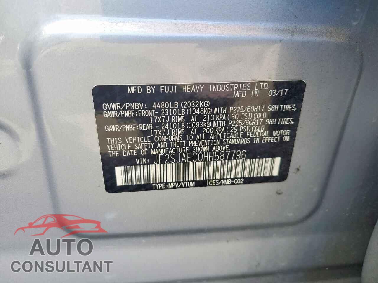 SUBARU FORESTER 2017 - JF2SJAEC0HH587796