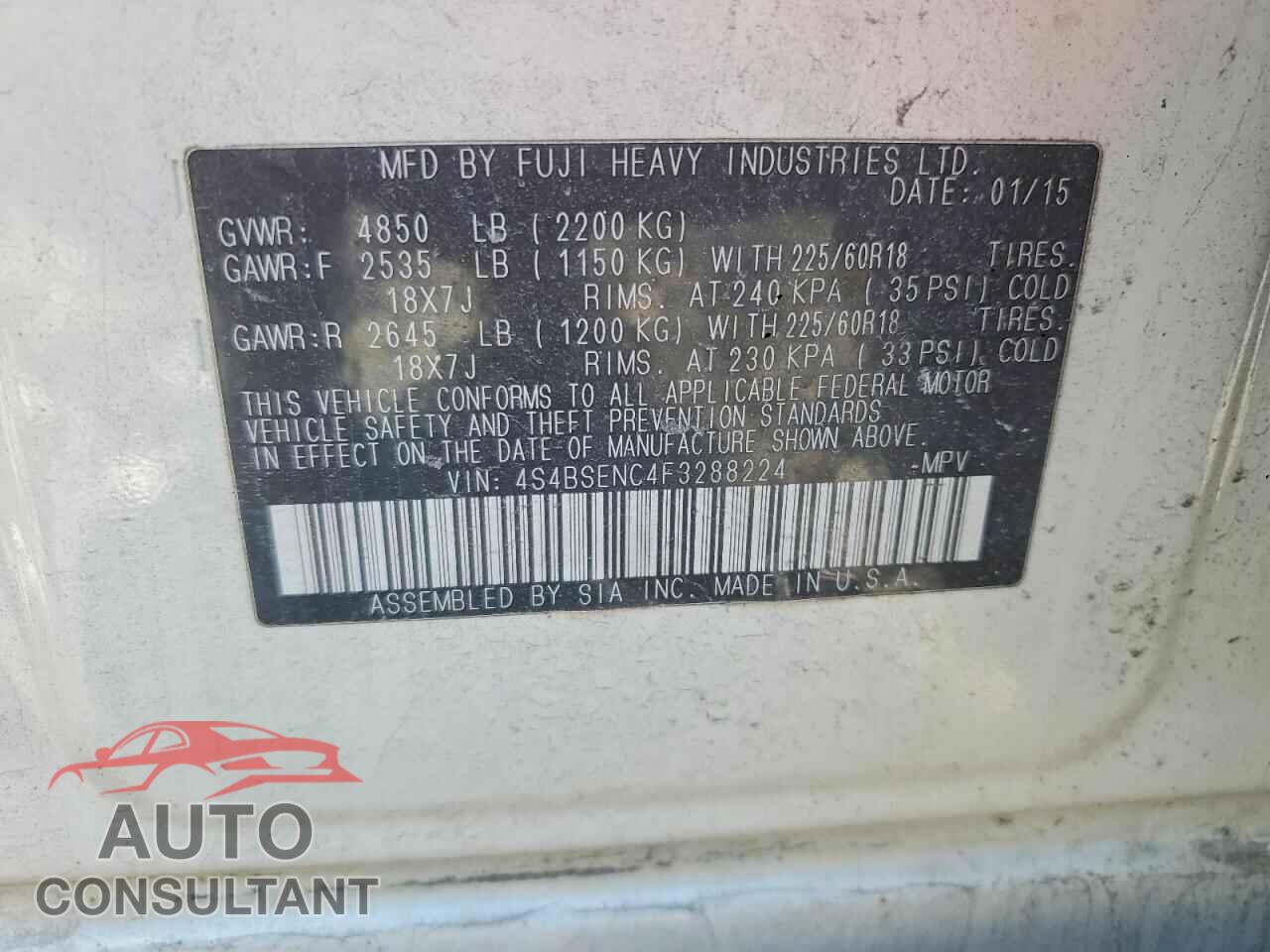 SUBARU OUTBACK 2015 - 4S4BSENC4F3288224