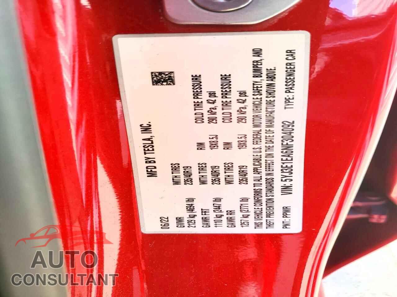 TESLA MODEL 3 2022 - 5YJ3E1EA6NF304092