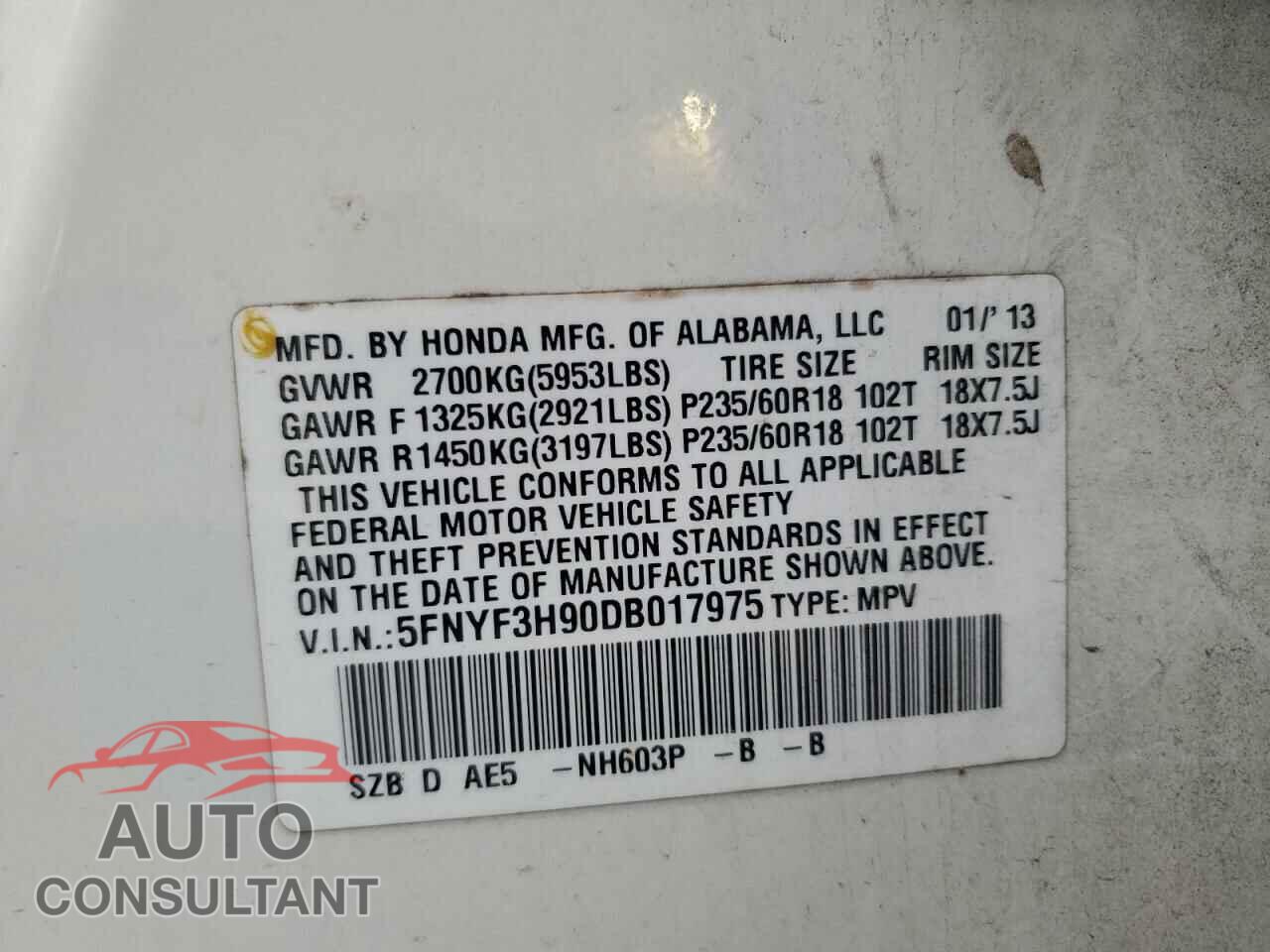 HONDA PILOT 2013 - 5FNYF3H90DB017975