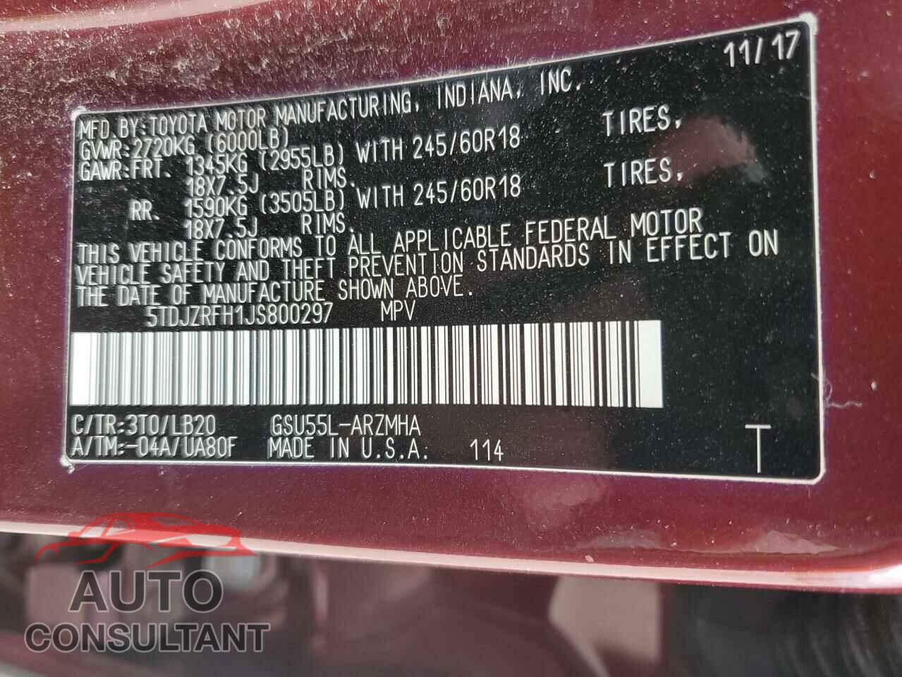 TOYOTA HIGHLANDER 2018 - 5TDJZRFH1JS800297