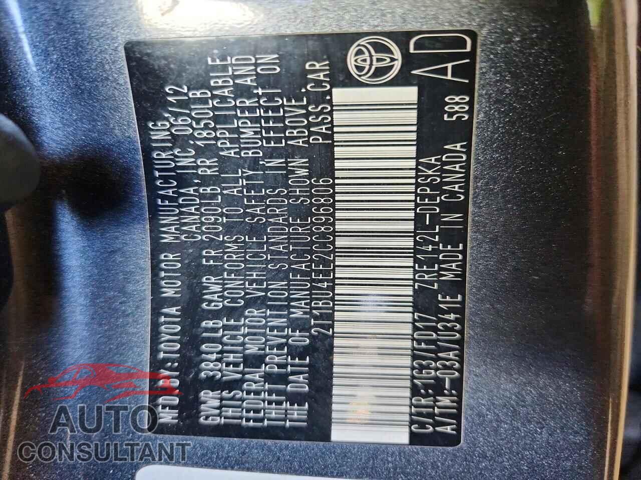 TOYOTA COROLLA 2012 - 2T1BU4EE2CC896806