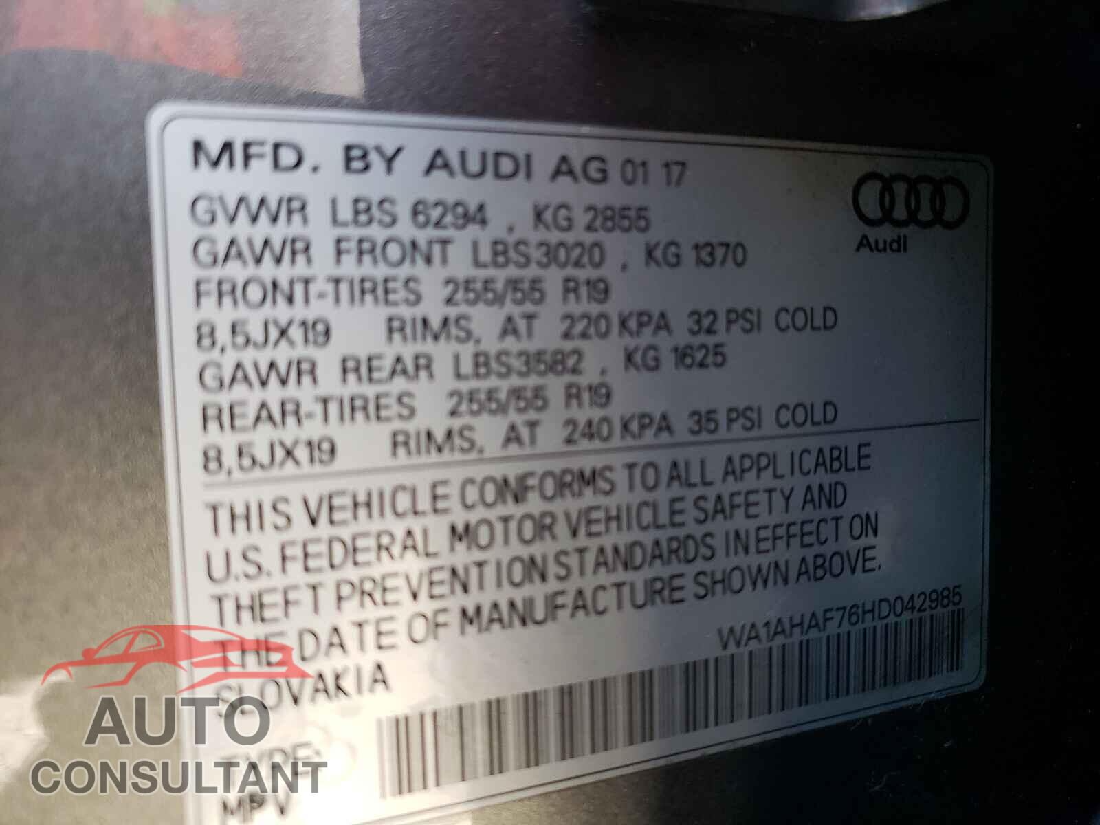 AUDI Q7 2017 - WA1AHAF76HD042985