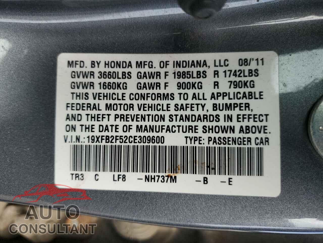 HONDA CIVIC 2012 - 19XFB2F52CE309600
