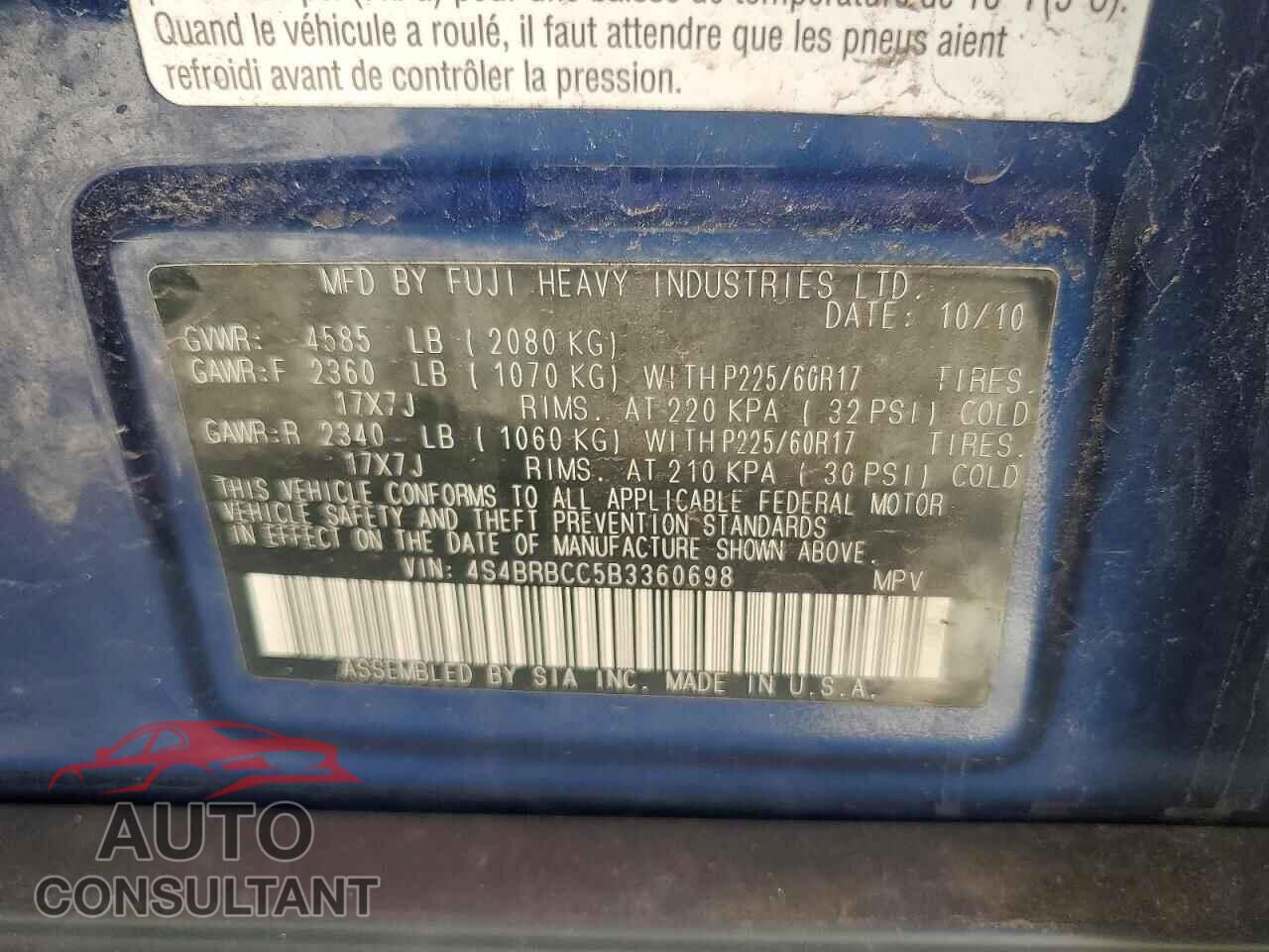 SUBARU OUTBACK 2011 - 4S4BRBCC5B3360698