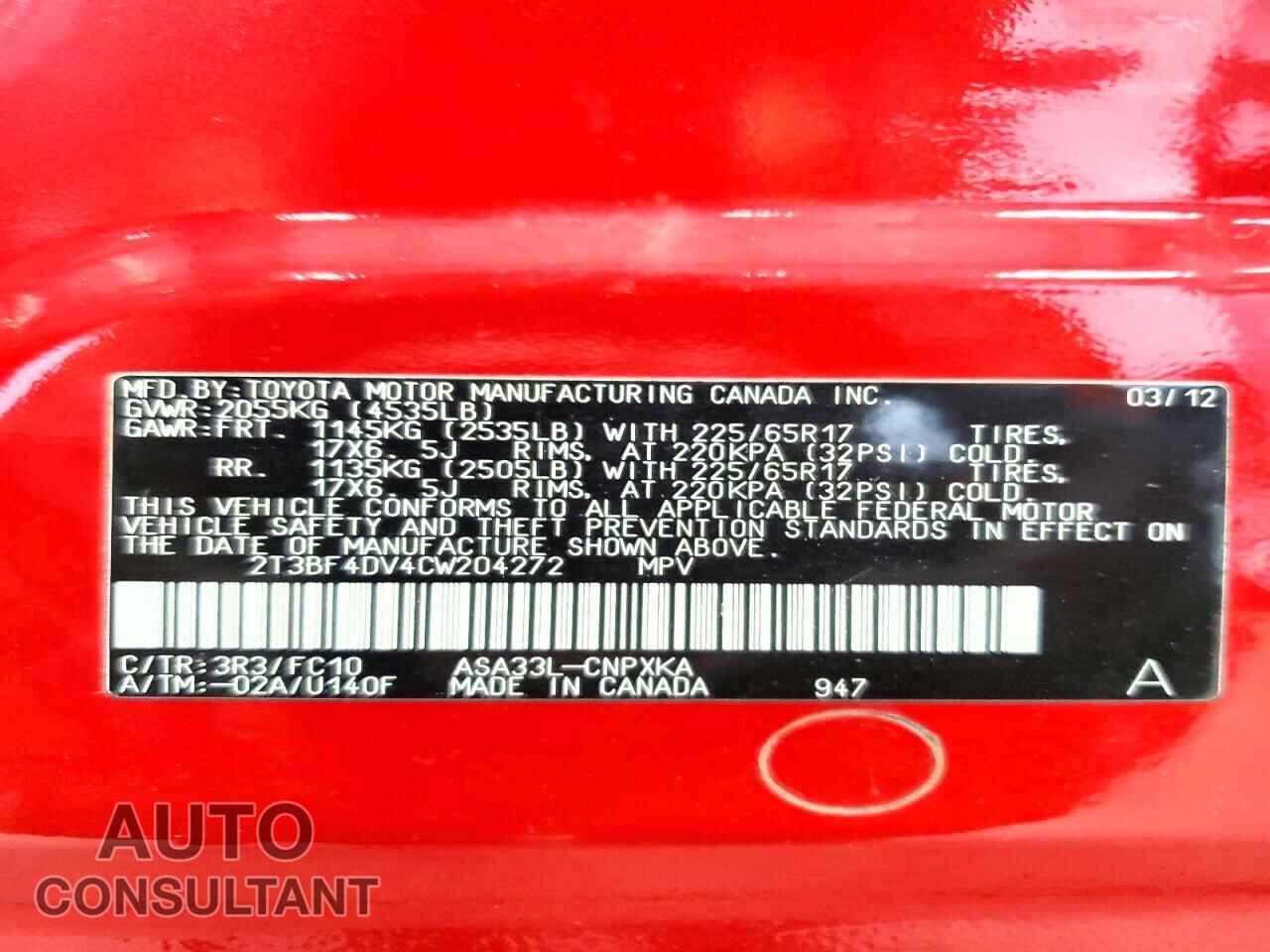TOYOTA RAV4 2012 - 2T3BF4DV4CW204272