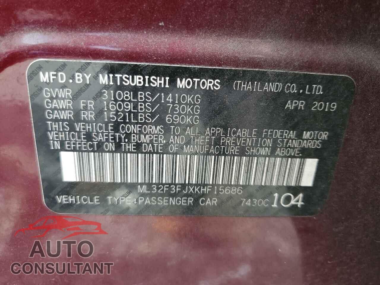 MITSUBISHI MIRAGE 2019 - ML32F3FJXKHF15686
