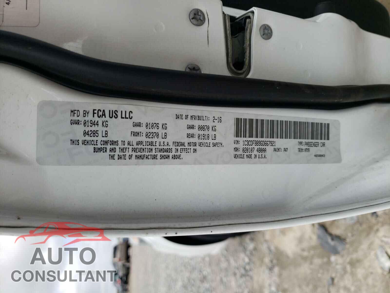 DODGE DART 2016 - 1C3CDFBB9GD667921