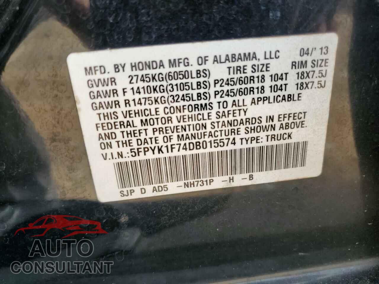 HONDA RIDGELINE 2013 - 5FPYK1F74DB015574
