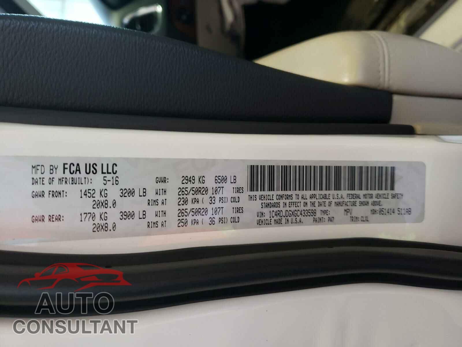 DODGE DURANGO 2016 - 1C4RDJDGXGC433598