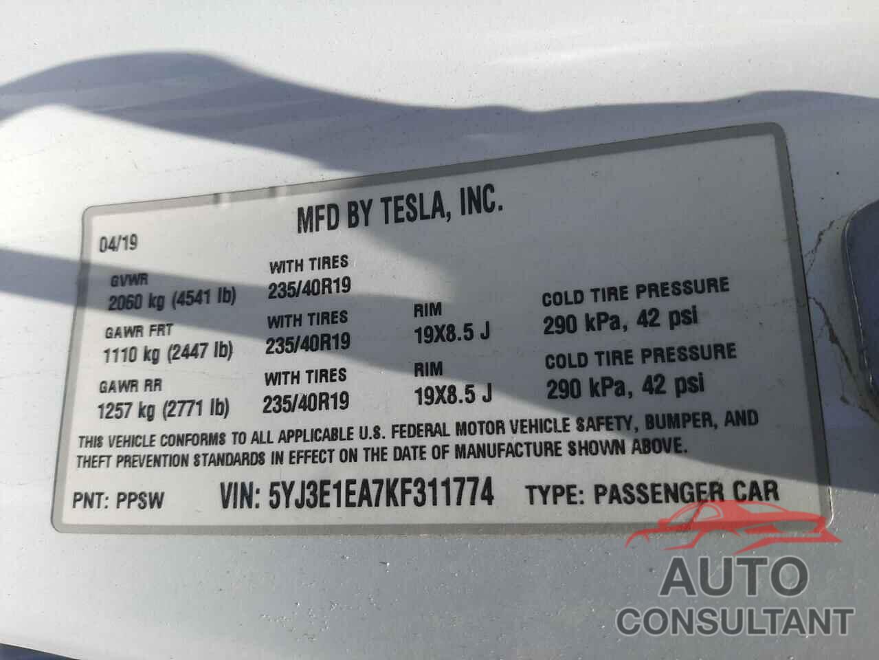 TESLA MODEL 3 2019 - 5YJ3E1EA7KF311774