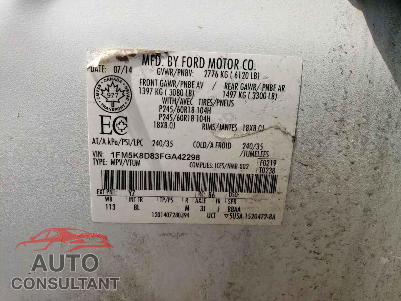 FORD EXPLORER 2015 - 1FM5K8D83FGA42298
