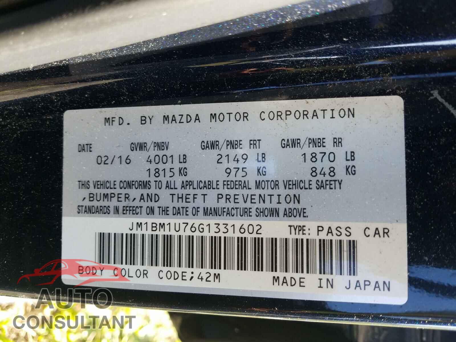 MAZDA 3 2016 - JM1BM1U76G1331602