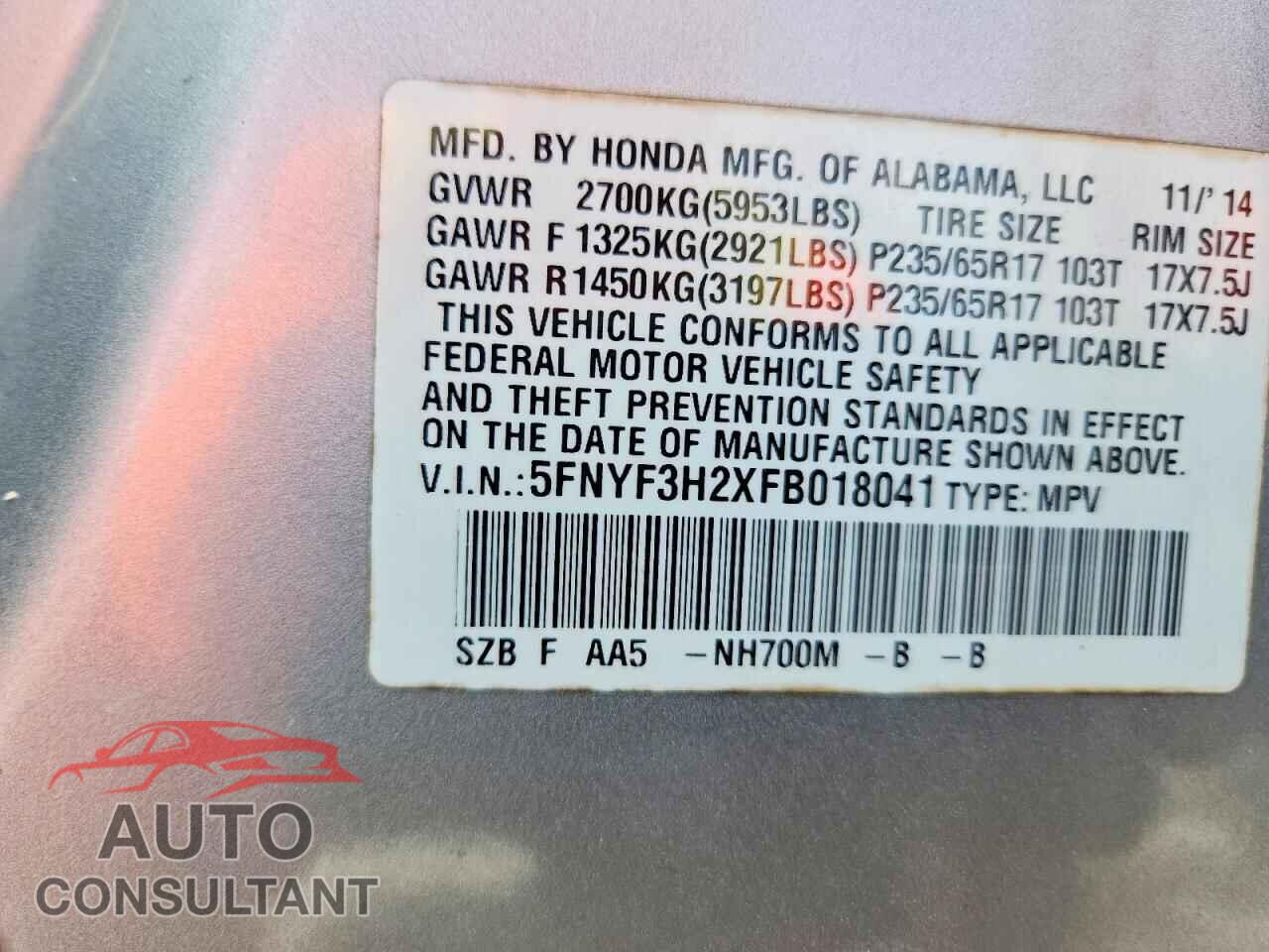 HONDA PILOT 2015 - 5FNYF3H2XFB018041