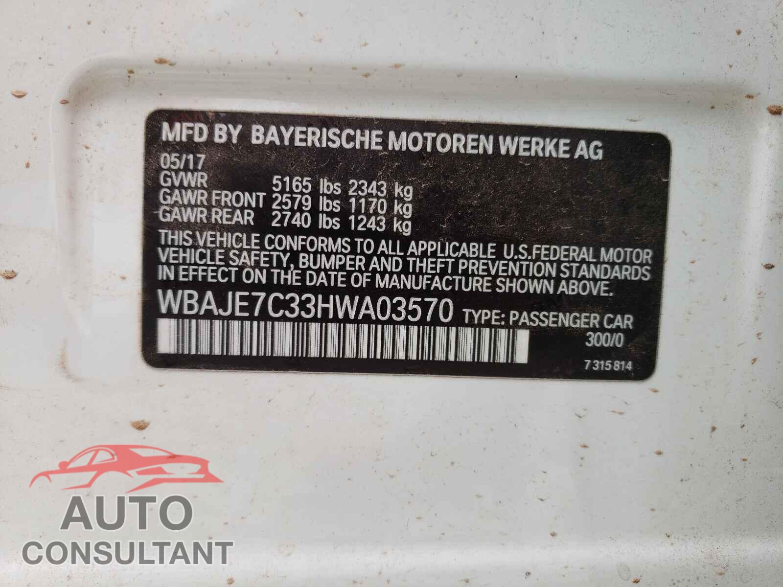 BMW 5 SERIES 2017 - WBAJE7C33HWA03570