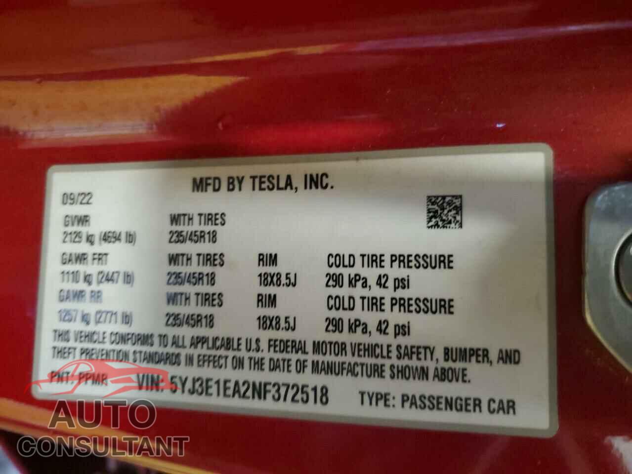 TESLA MODEL 3 2022 - 5YJ3E1EA2NF372518