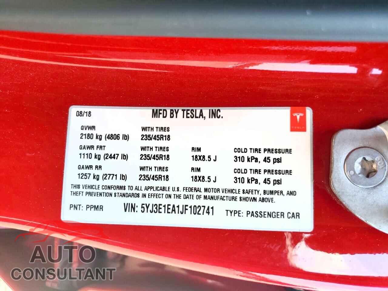 TESLA MODEL 3 2018 - 5YJ3E1EA1JF102741
