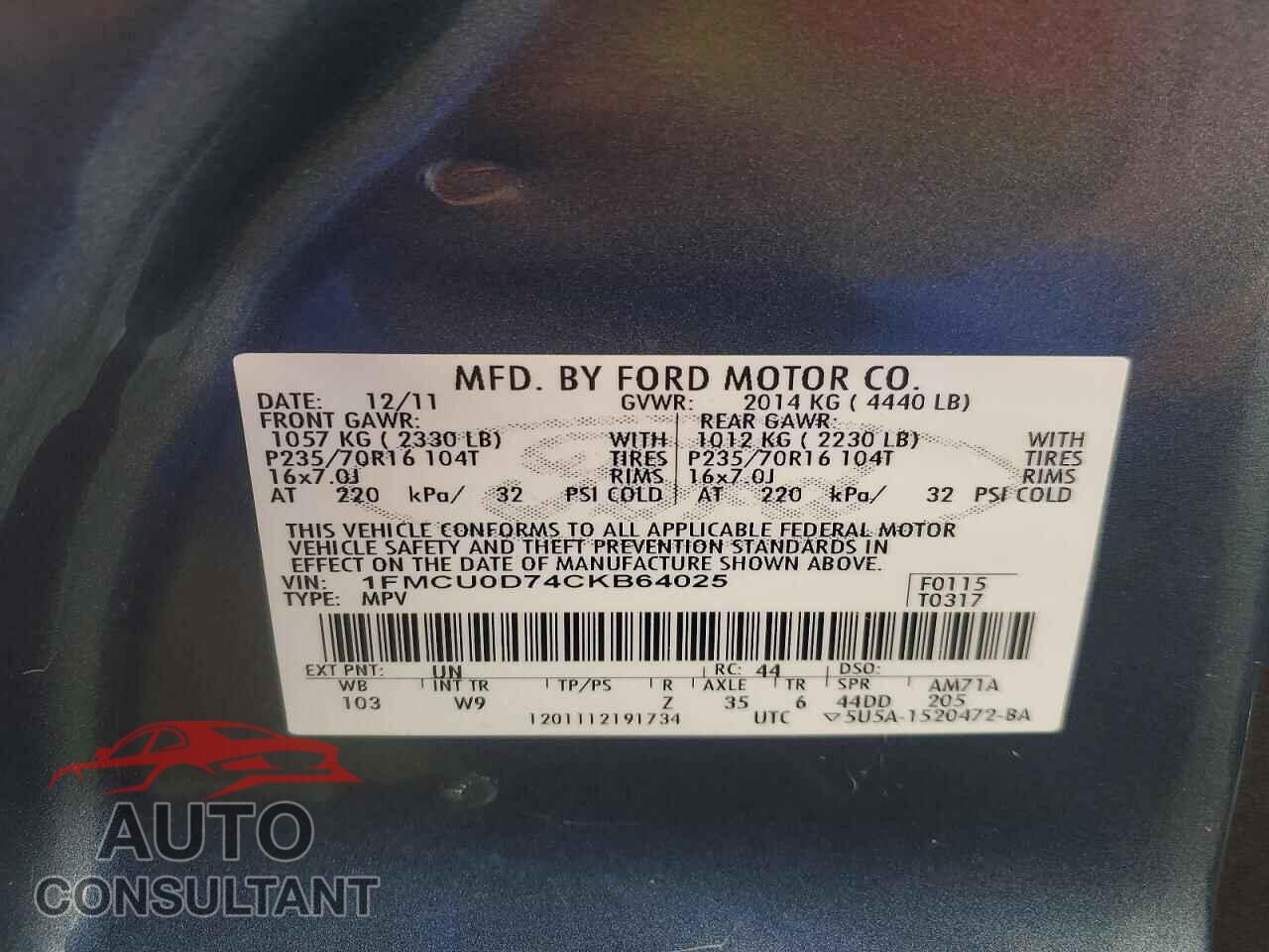 FORD ESCAPE 2012 - 1FMCU0D74CKB64025
