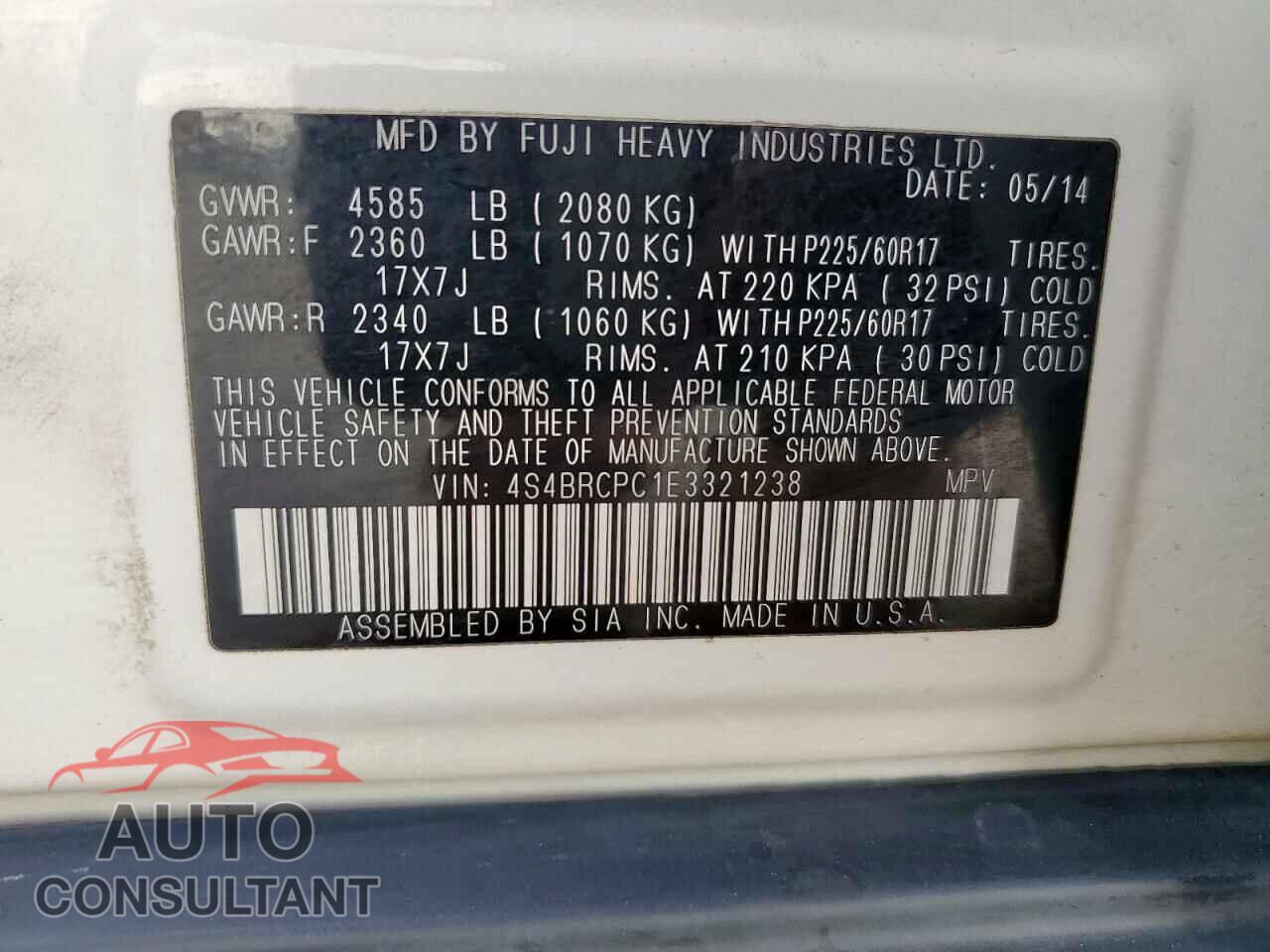 SUBARU OUTBACK 2014 - 4S4BRCPC1E3321238