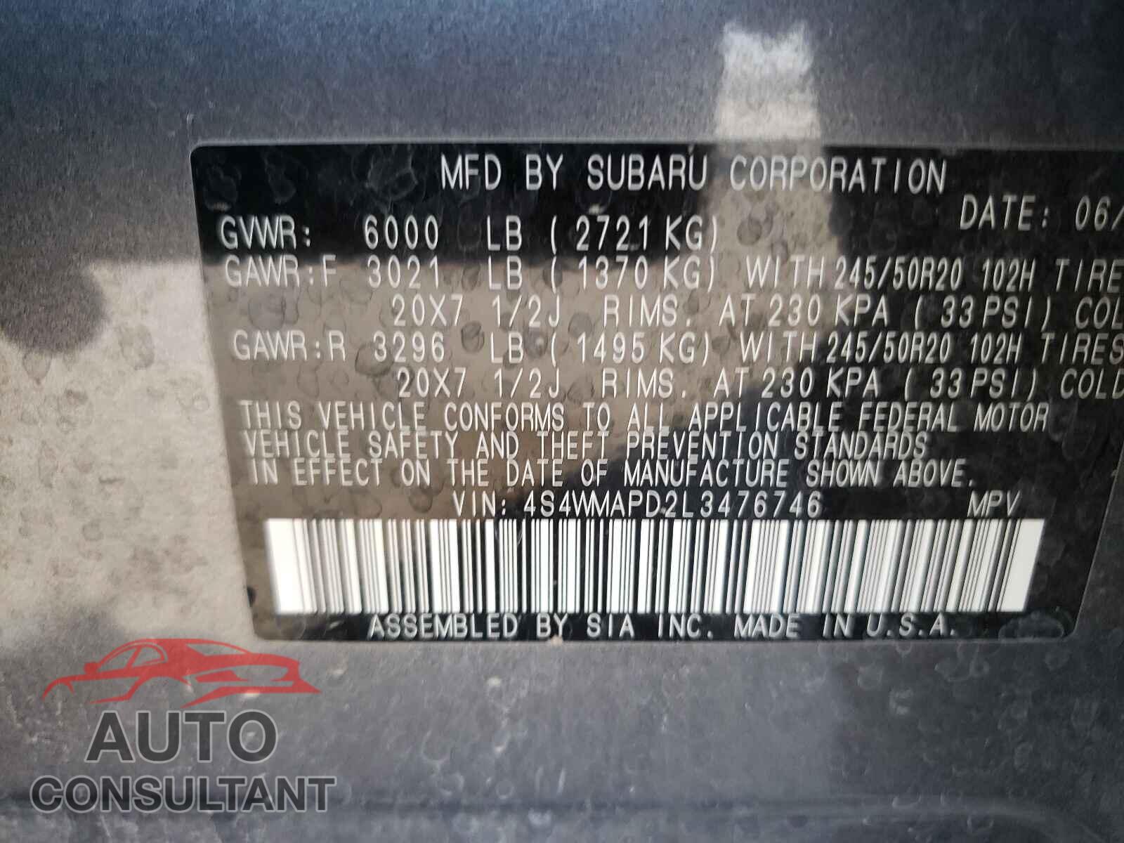 SUBARU ASCENT 2020 - 4S4WMAPD2L3476746