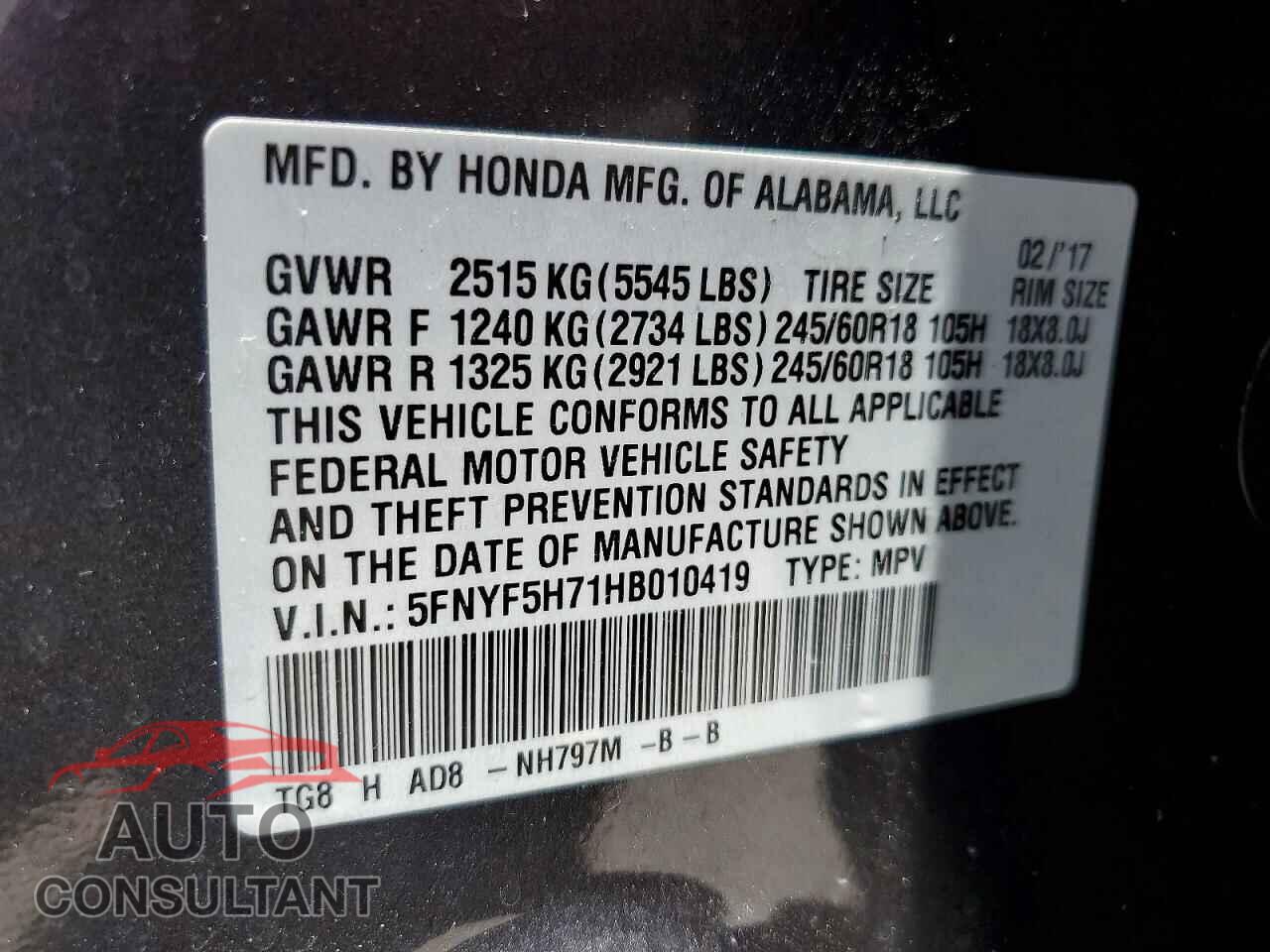 HONDA PILOT 2017 - 5FNYF5H71HB010419