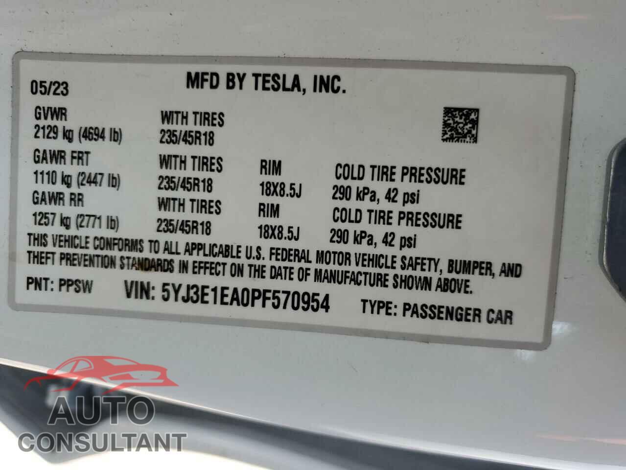 TESLA MODEL 3 2023 - 5YJ3E1EA0PF570954