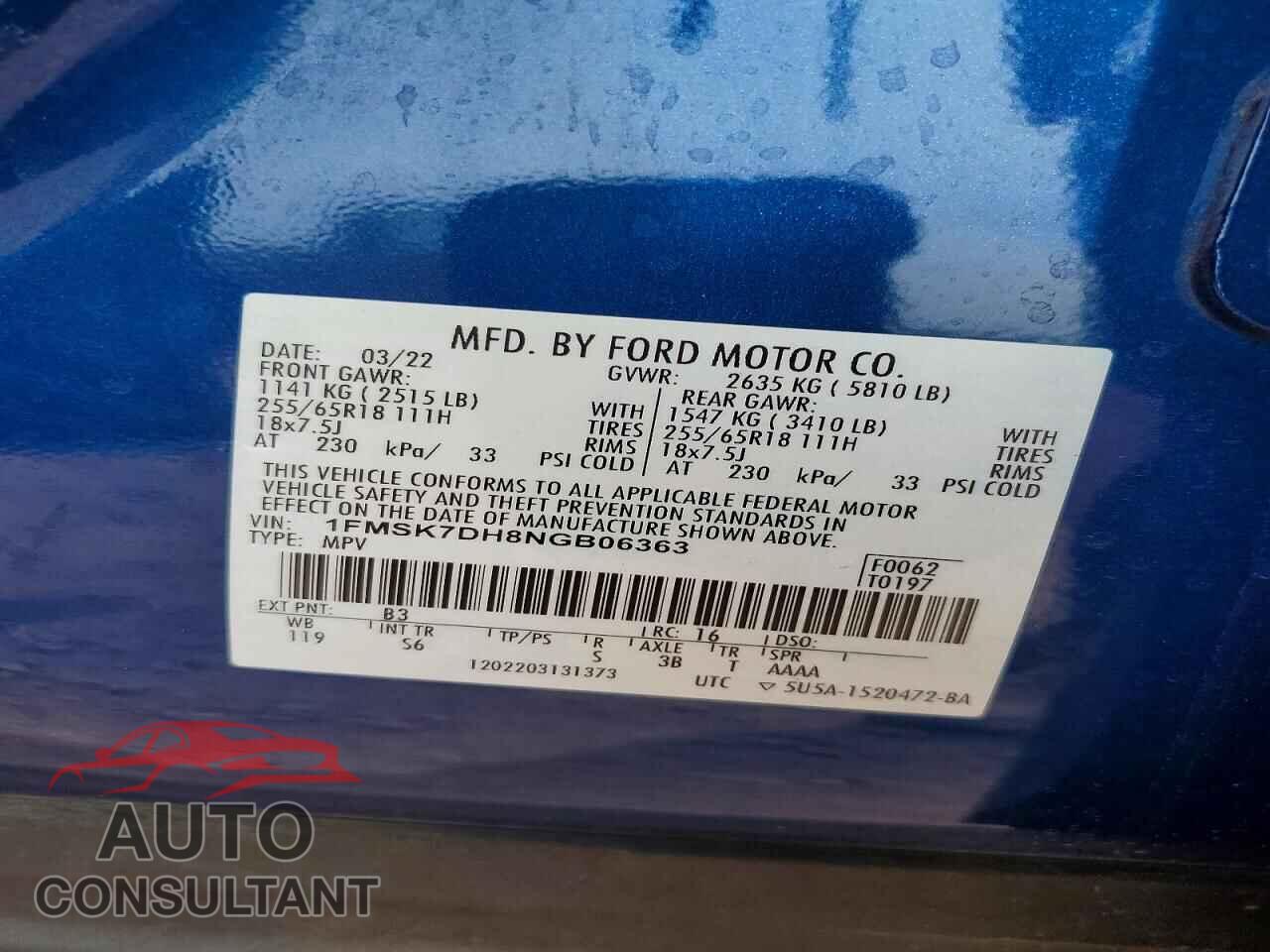 FORD EXPLORER 2022 - 1FMSK7DH8NGB06363