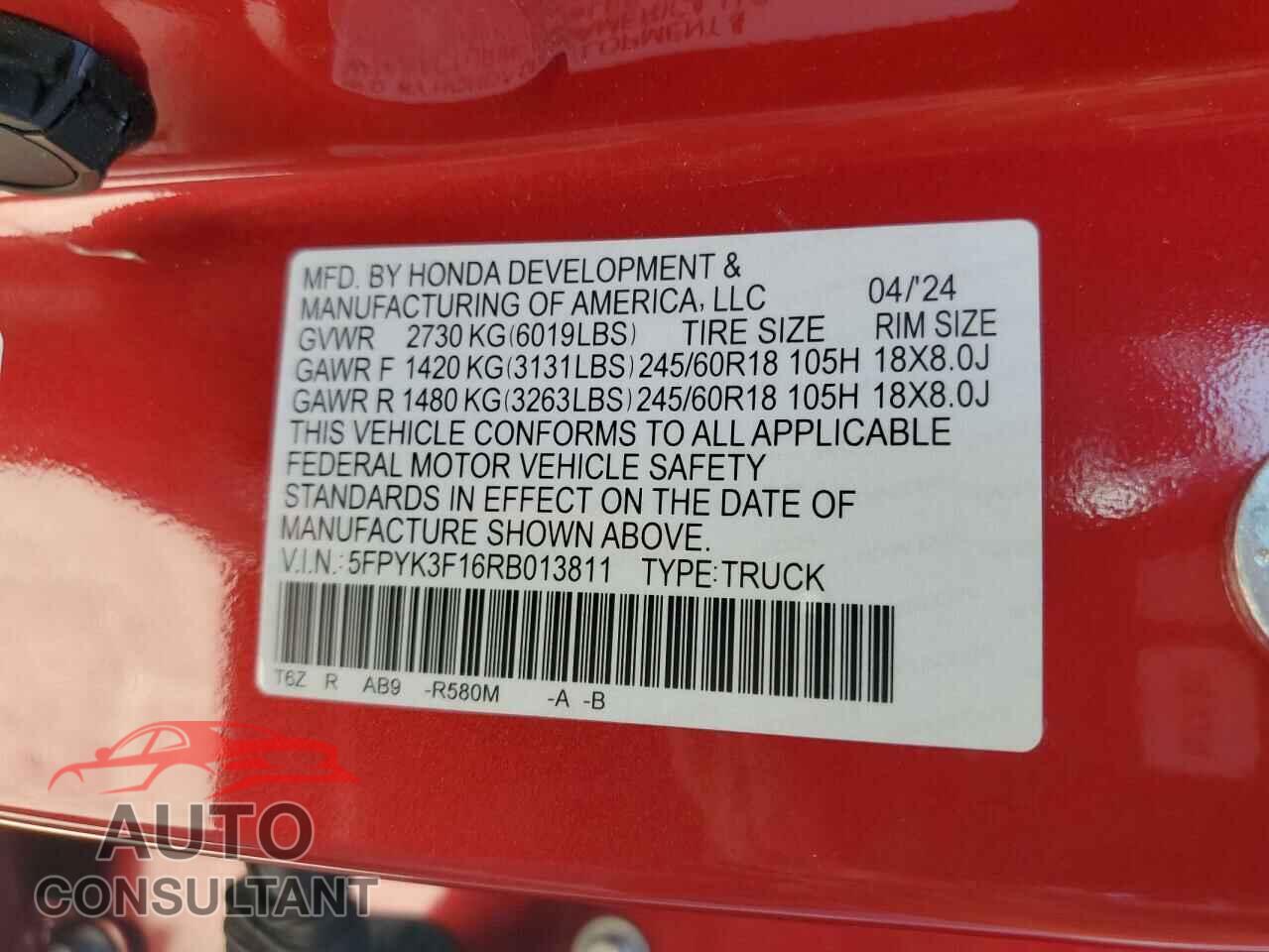 HONDA RIDGELINE 2024 - 5FPYK3F16RB013811