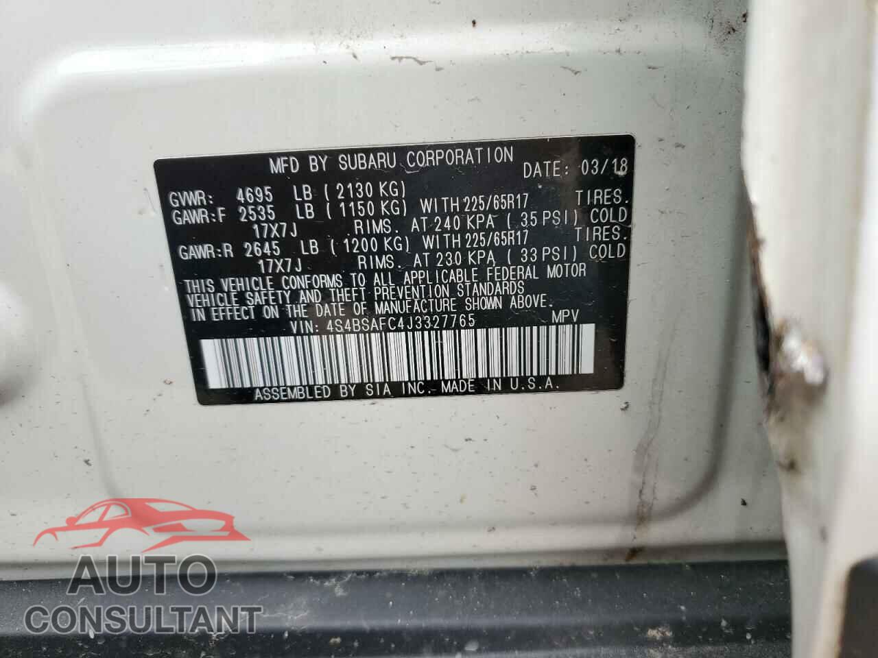 SUBARU OUTBACK 2018 - 4S4BSAFC4J3327765