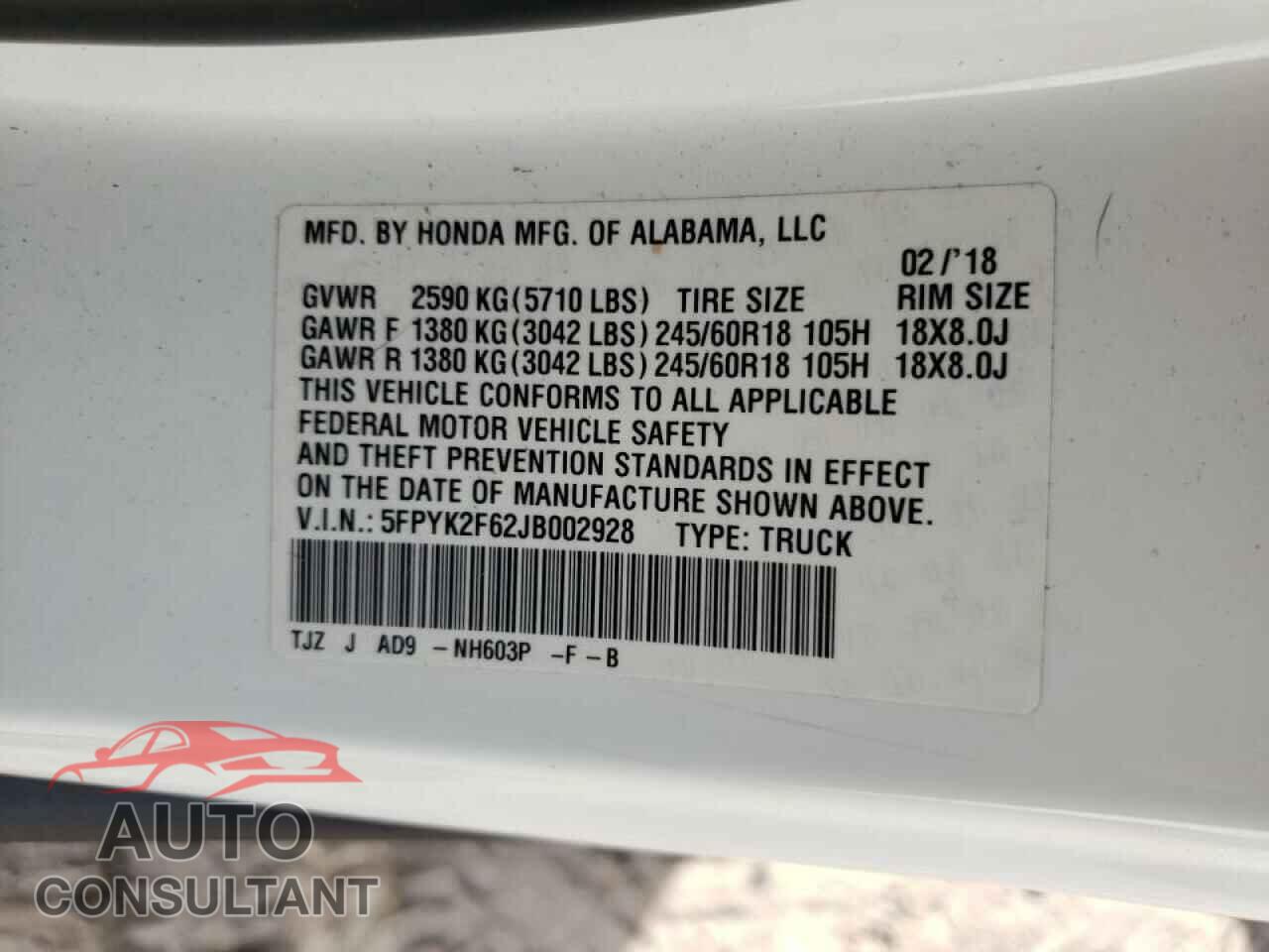HONDA RIDGELINE 2018 - 5FPYK2F62JB002928